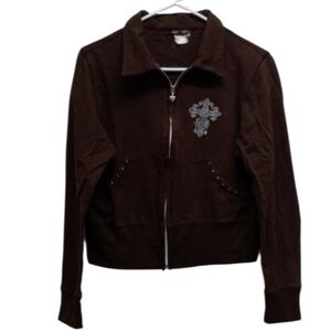 Y2K Brown Silver Bling Cross Cropped Silver Heart Zipper Full Zip Up Jacket